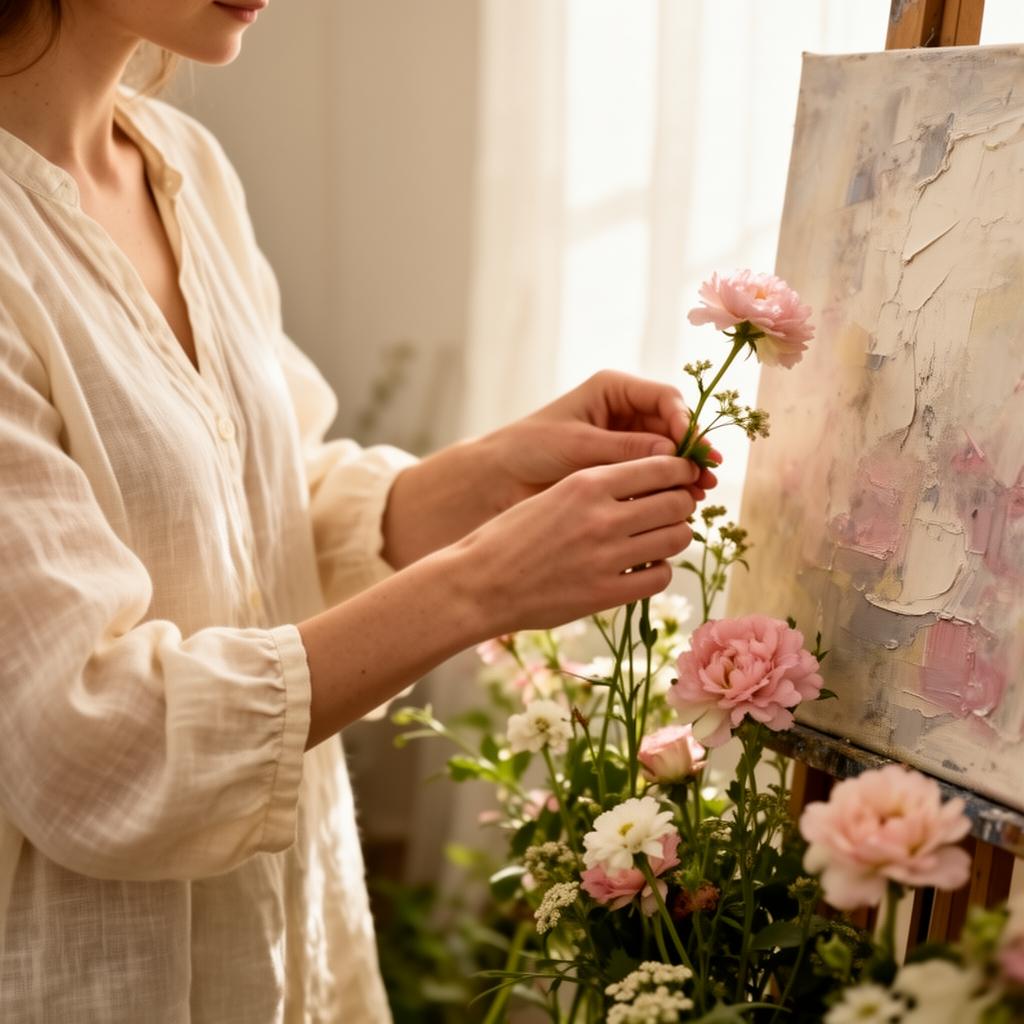 Marie arranging flowers near a textured canvas