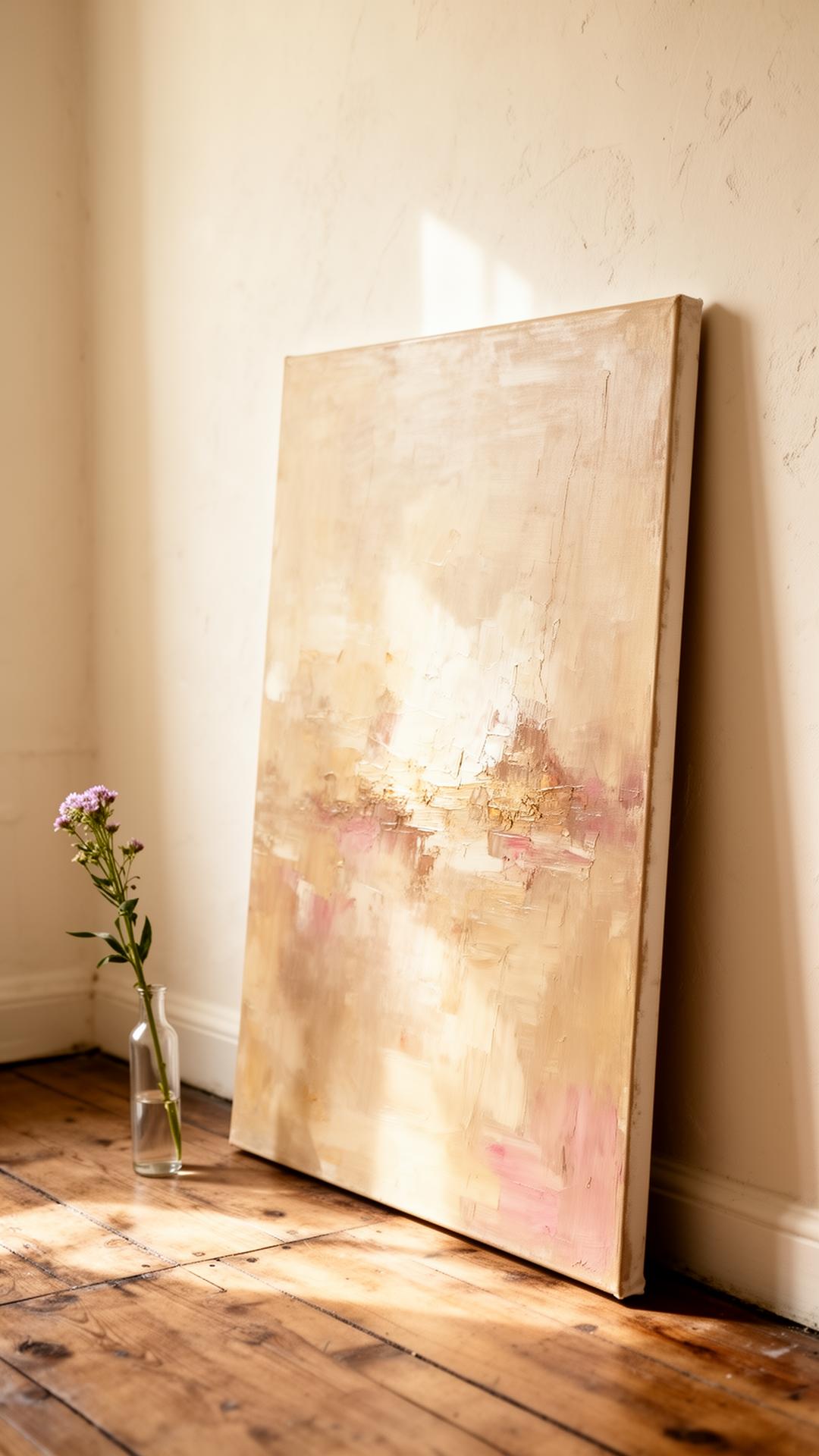 A warm neutral abstract painting leaning against an ivory wall